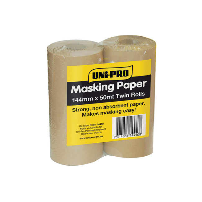 UNI-PRO Masking Paper Rolls 144mm x 50m Twin Pack Painting Rendering Paint