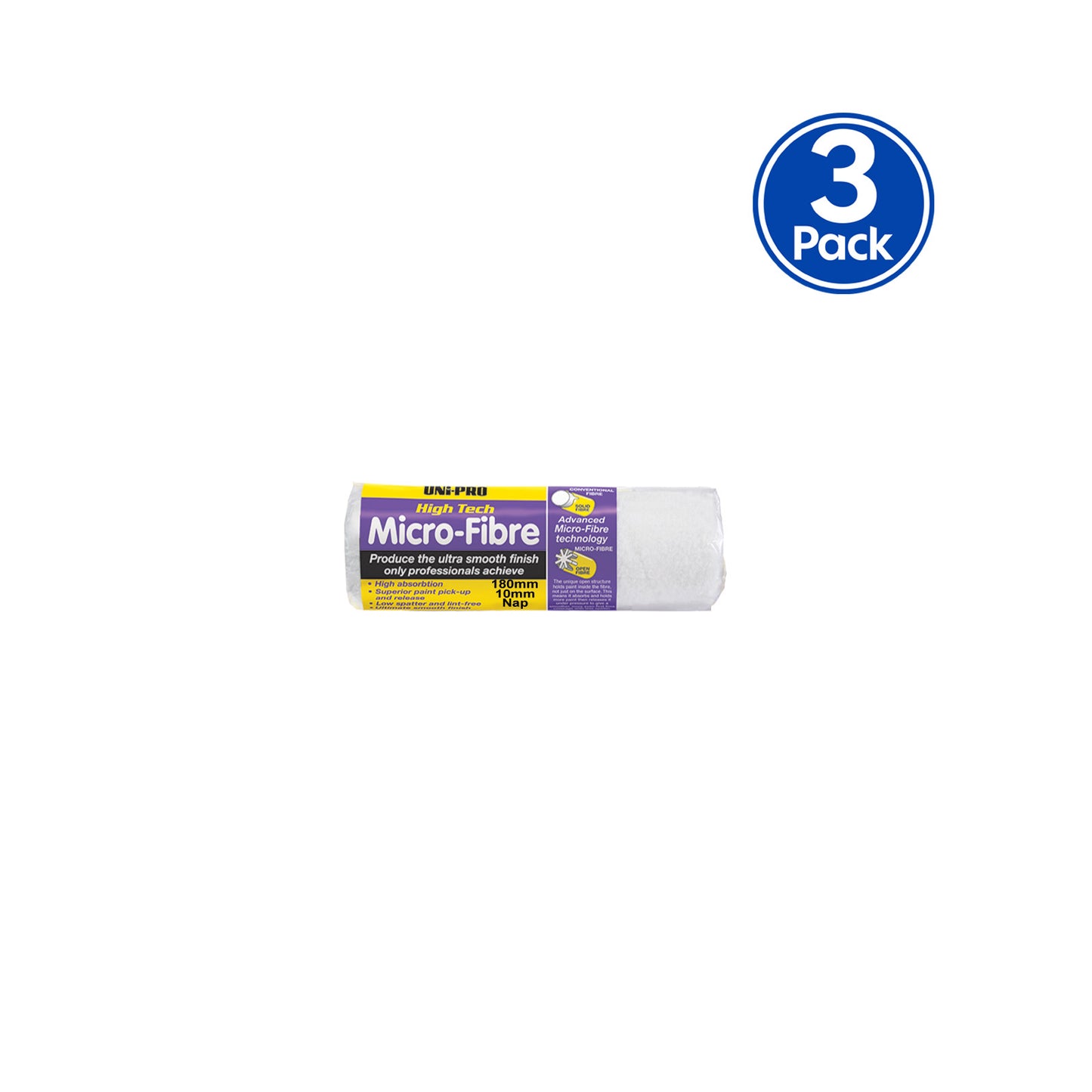 UNi-PRO 180mm Microfibre Roller Cover 10mm Nap General Purpose Finish x3