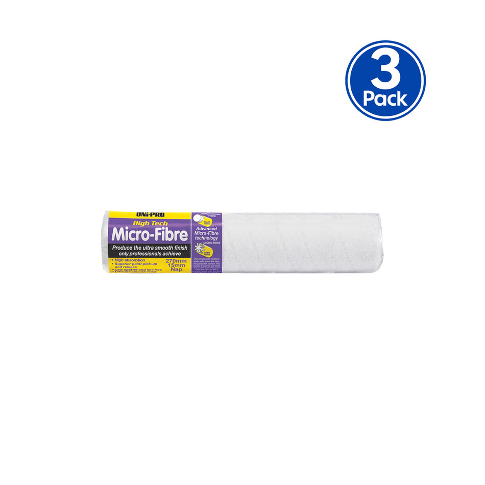 UNi-PRO High Tech Micro-Fibre 270mm Roller Cover 15mm Nap Smooth Finish x3