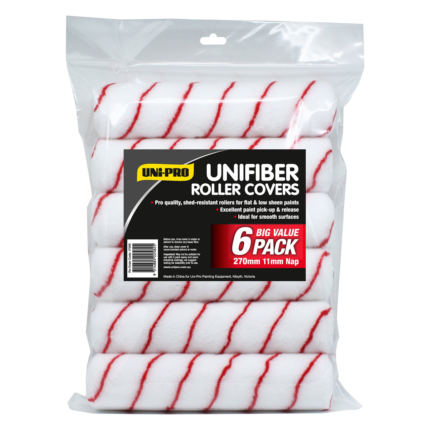UNi-PRO 270mm Unifibre Roller Covers 6 Pack 11mm Nap Trade Painting Value