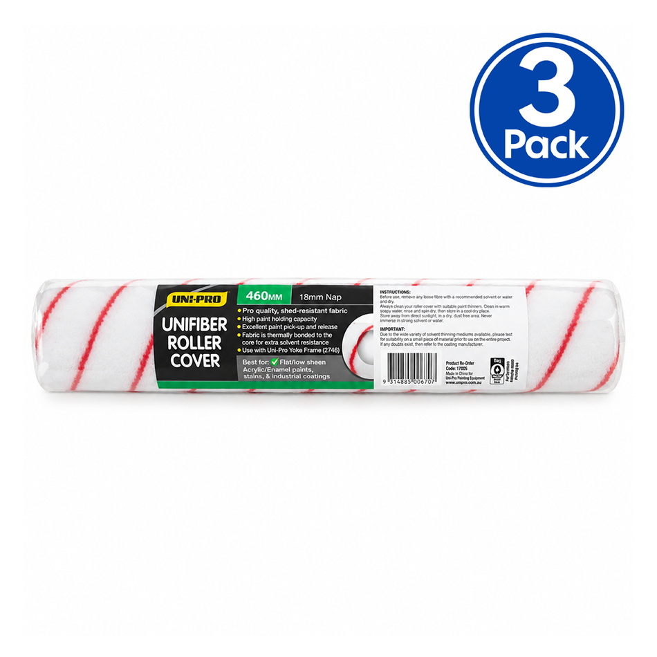 UNi-PRO UniFibre 460mm 18mm Nap Paint Roller Cover for Rough Surfaces 3 Pack