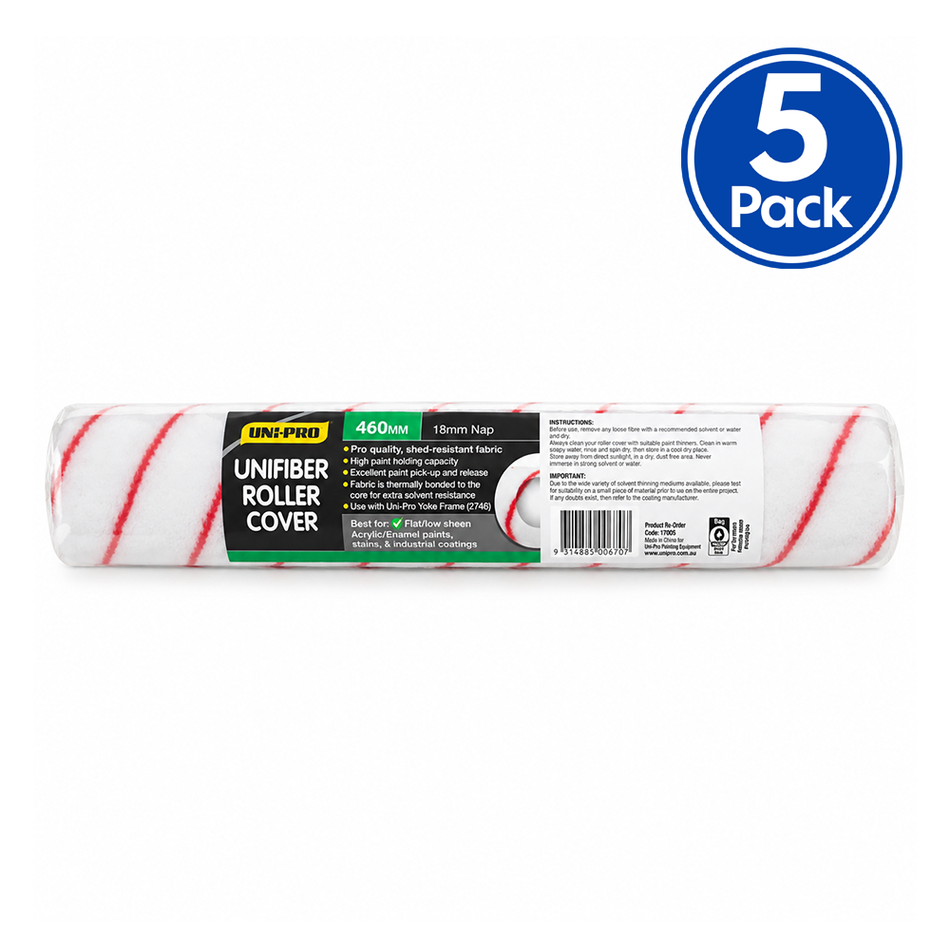UNi-PRO UniFibre 460mm 18mm Nap Paint Roller Cover for Rough Surfaces 5 Pack