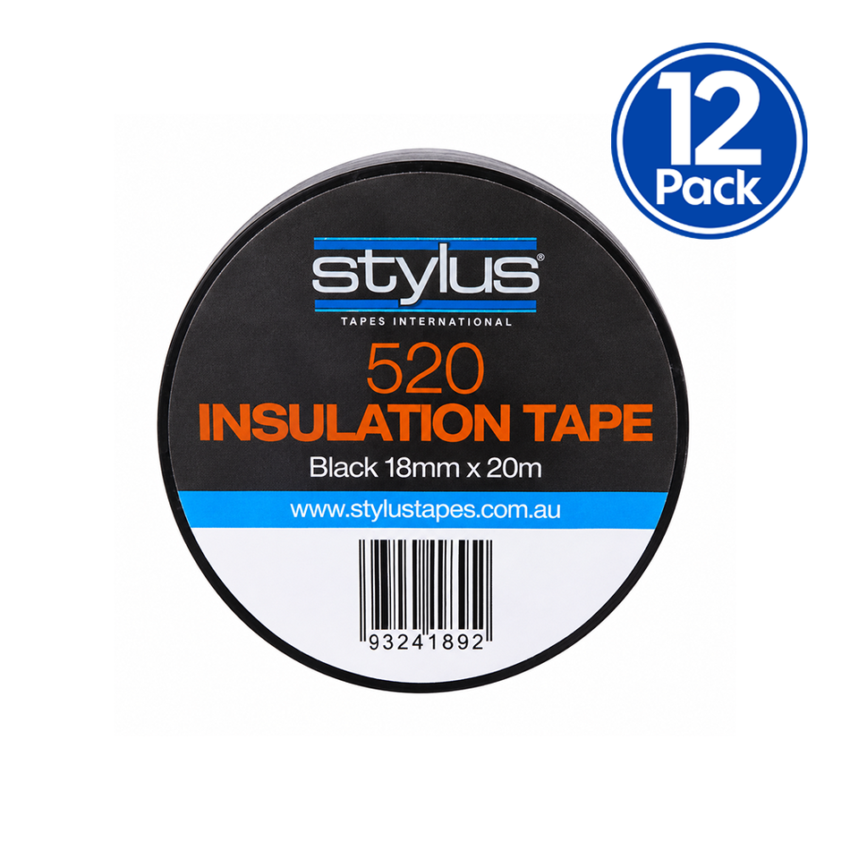 STYLUS 520 Black Electrical Insulation Tape 18mm x 20m 12 Pack