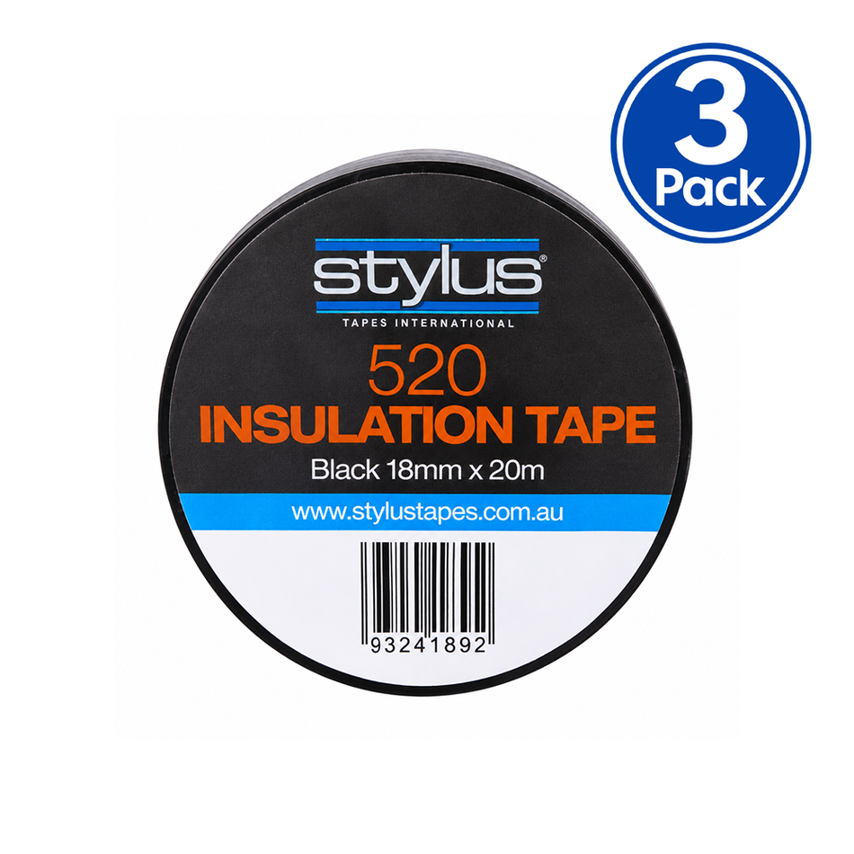 STYLUS 520 Black Electrical Insulation Tape 18mm x 20m 3 Pack