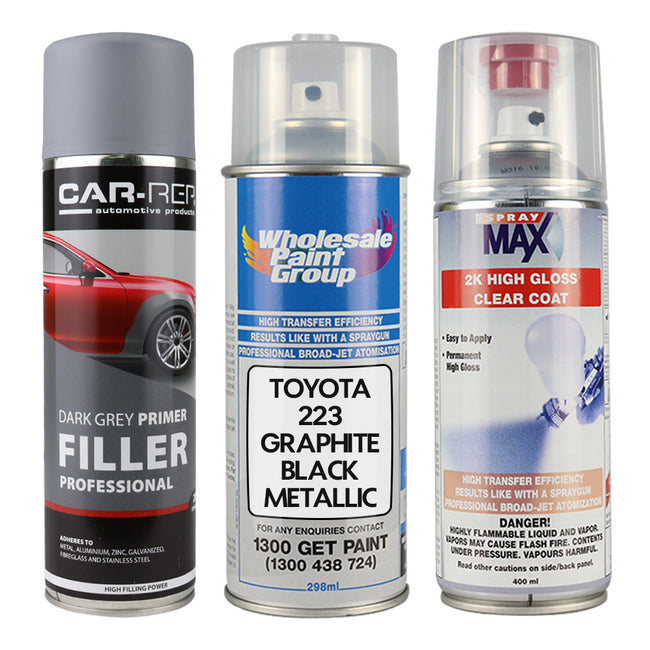Auto Car Touch Up Spray Paint for Toyota 223 Graphite Black Metallic Plus 2K Clear Coat & Primer