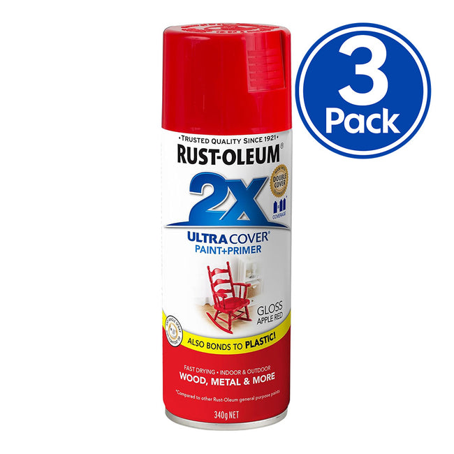 RUST-OLEUM 2X Gloss Paint & Primer Spray Paint 340g Apple Red x 3 Pack