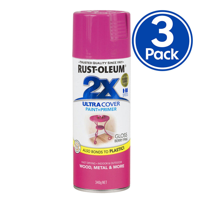 RUST-OLEUM 2X Gloss Paint & Primer Spray Paint 340g Berry Pink x 3 Pack