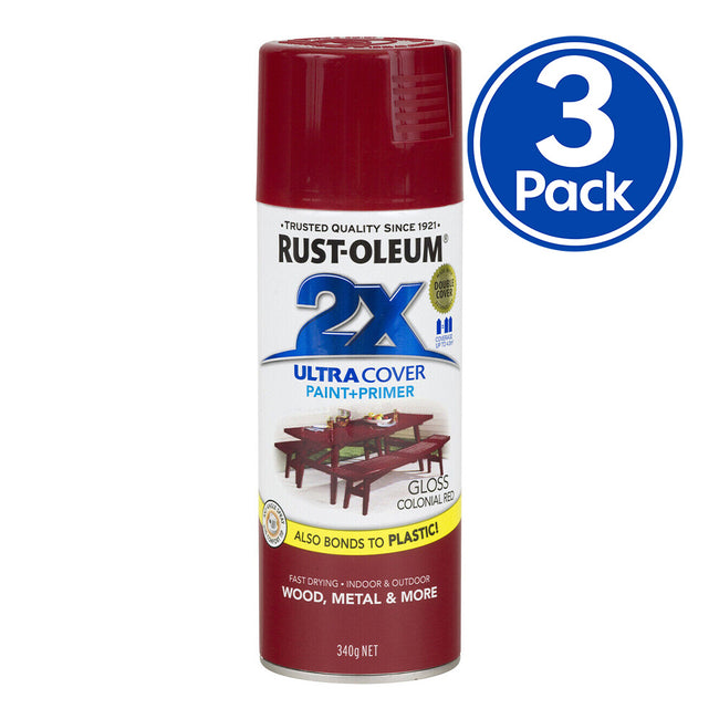 RUST-OLEUM 2X Gloss Paint & Primer Spray Paint 340g Colonial Red x 3 Pack