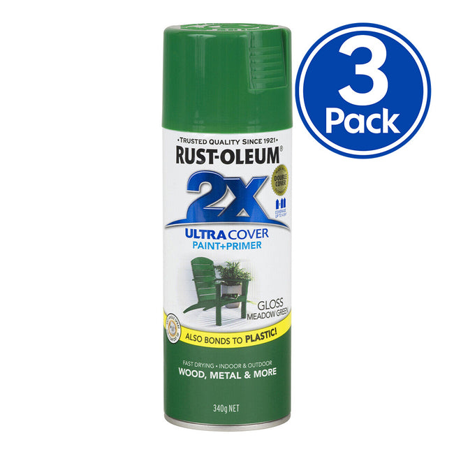 RUST-OLEUM 2X Gloss Paint & Primer Spray Paint 340g Meadow Green x 3 Pack