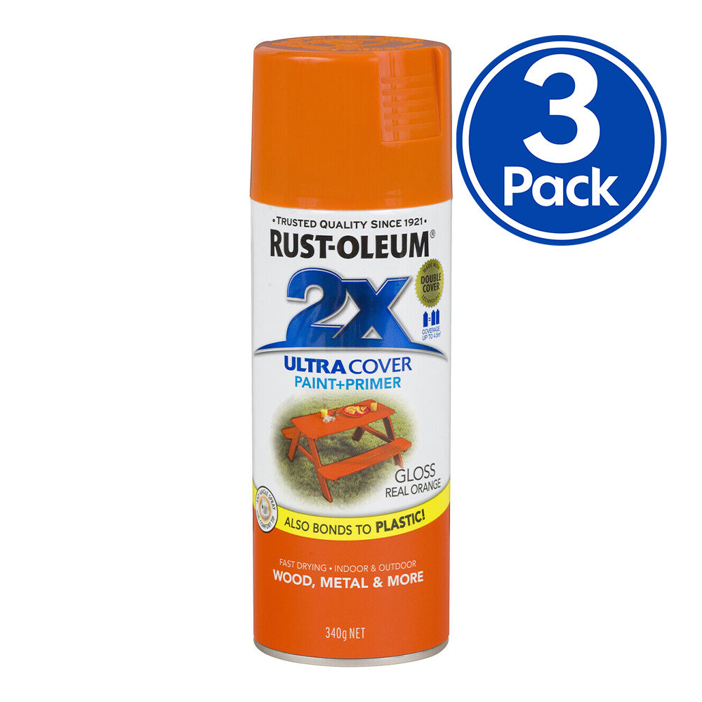 RUST-OLEUM 2X Gloss Paint & Primer Spray Paint 340g Real Orange x 3 Pack