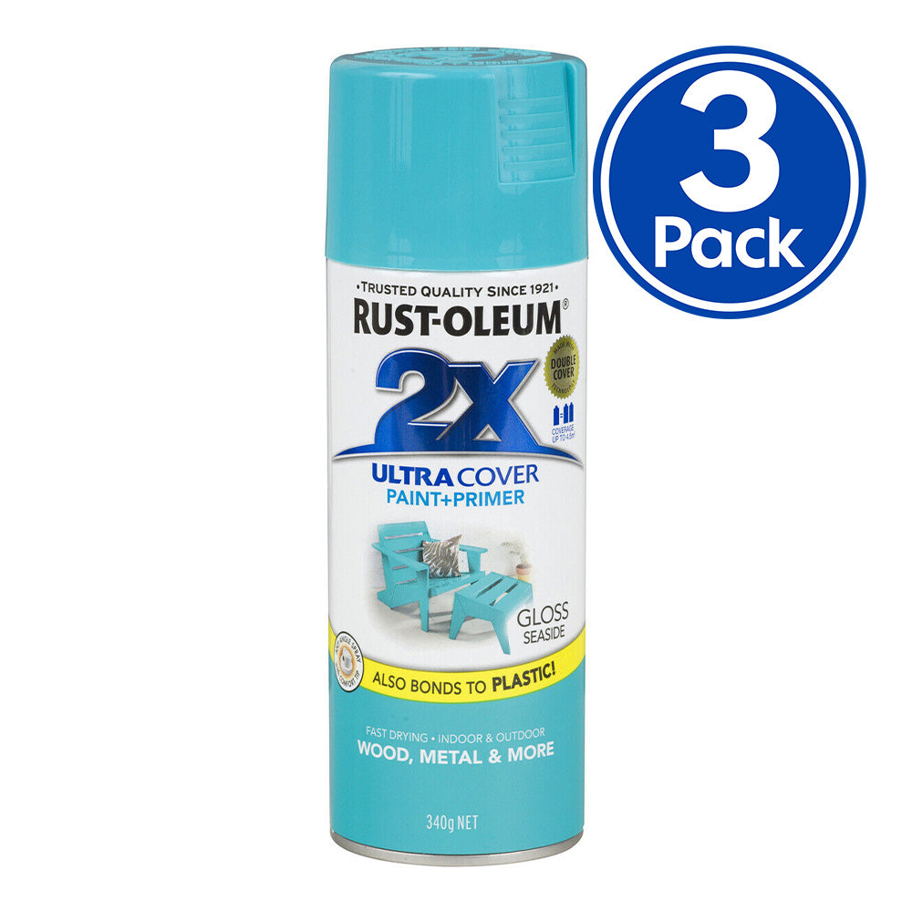 RUST-OLEUM 2X Gloss Paint & Primer Spray Paint 340g Seaside Blue x 3 Pack