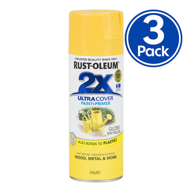 RUST-OLEUM 2X Gloss Paint & Primer Spray Paint 340g Sun Yellow x 3 Pack