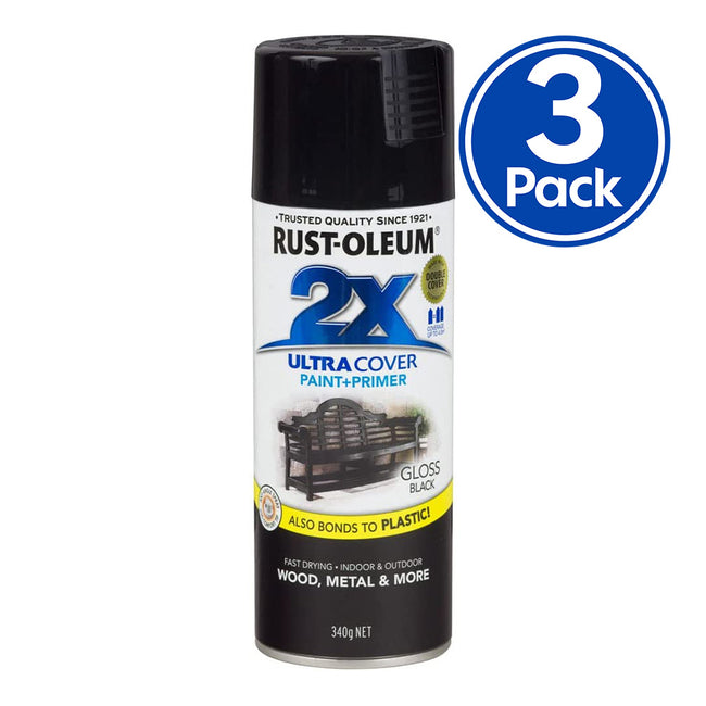 RUST-OLEUM 2X Gloss Paint & Primer Spray Paint 340g Black x 3 Pack