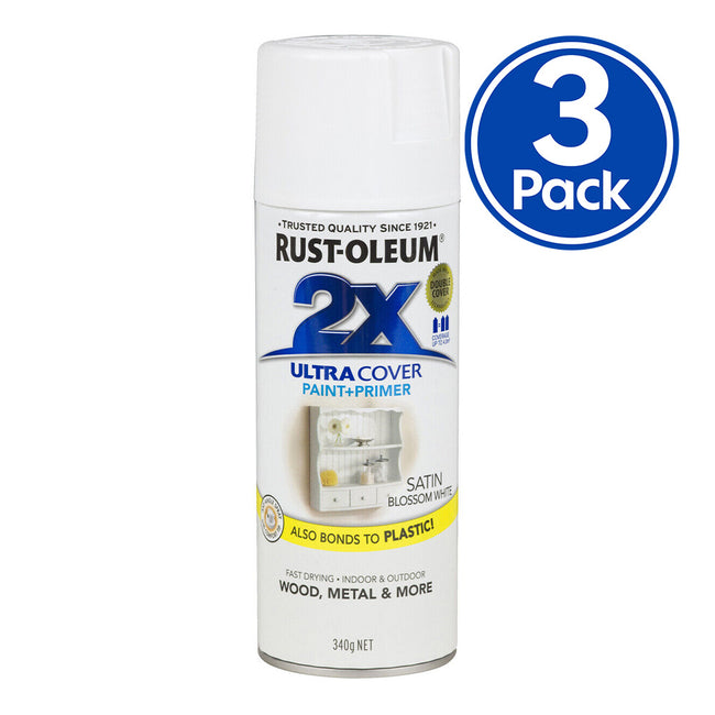 RUST-OLEUM 2X Satin Paint & Primer Spray Paint 340g Blossom White x 3 Pack