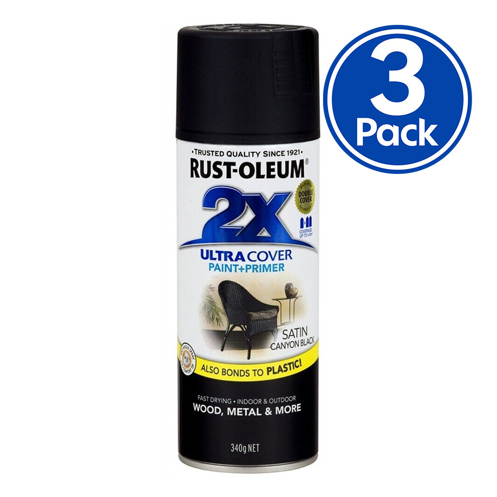 RUST-OLEUM 2X Satin Paint & Primer Spray Paint 340g Canyon Black x 3 Pack