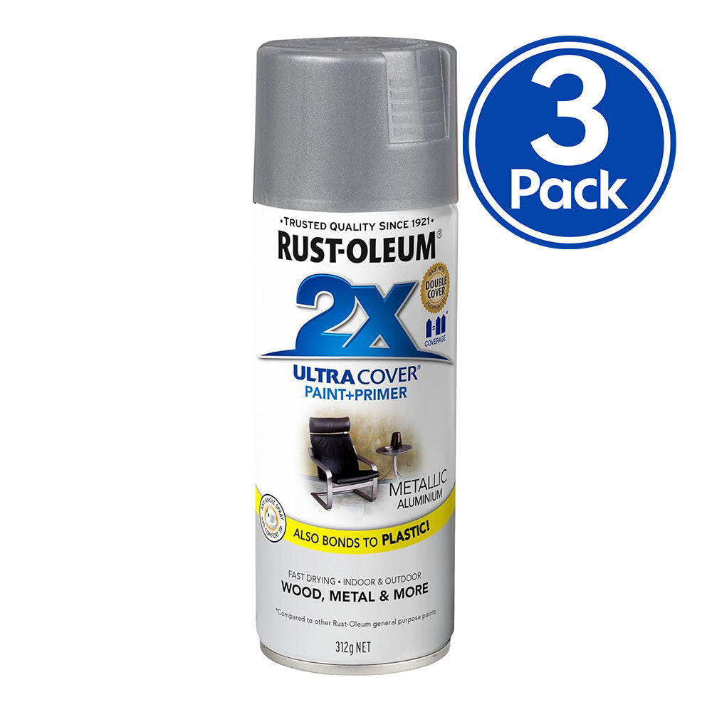 RUST-OLEUM 2X Gloss Paint & Primer Spray Paint 340g Metallic Aluminium x 3 Pack