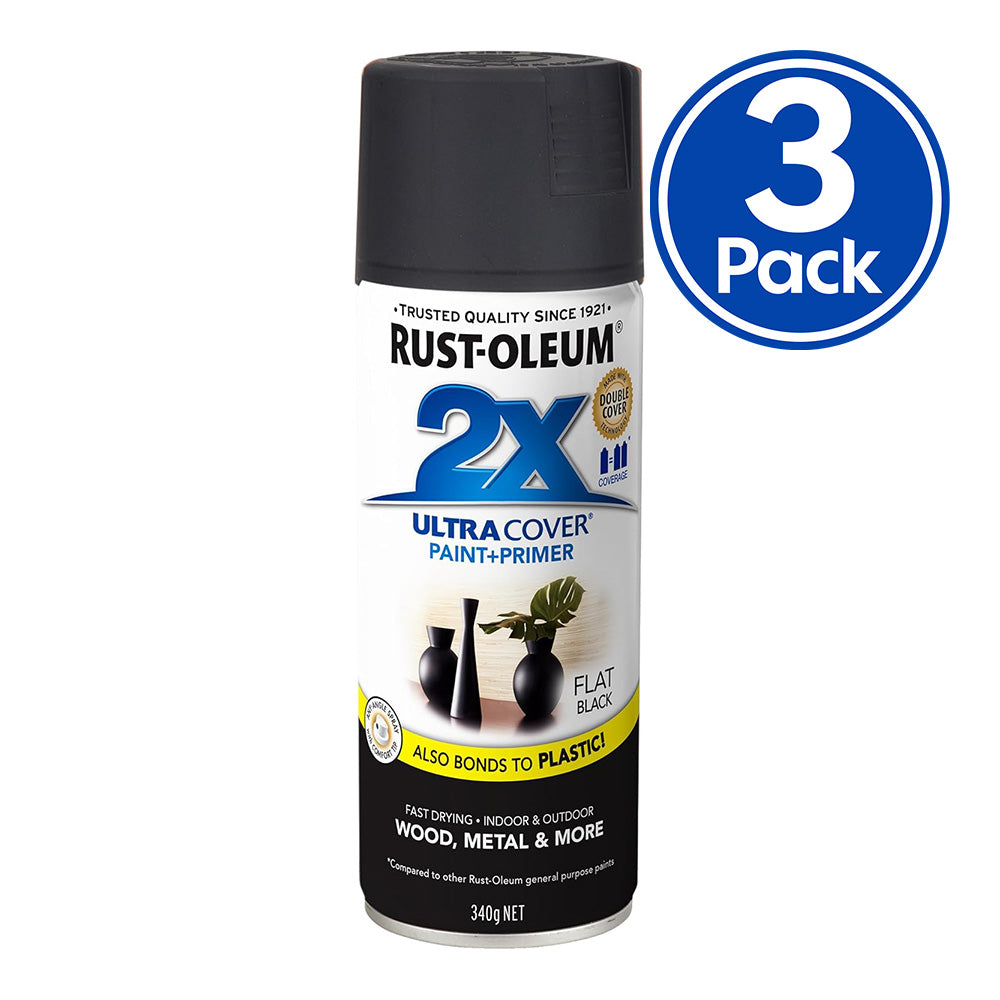 RUST-OLEUM 2X Ultra Cover Flat Paint & Primer Spray Paint 340g Flat Black x 3