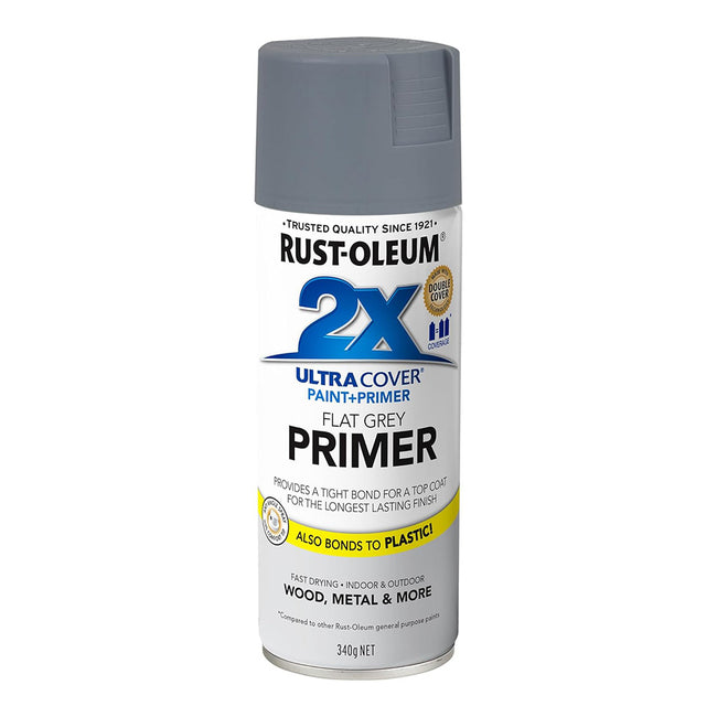 RUST-OLEUM 2X Ultra Cover Flat Primer Spray Paint 340g Flat Grey x 3 Pack