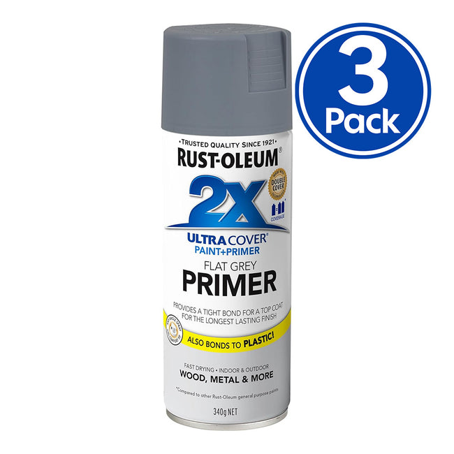 RUST-OLEUM 2X Ultra Cover Flat Primer Spray Paint 340g Flat Grey x 3 Pack