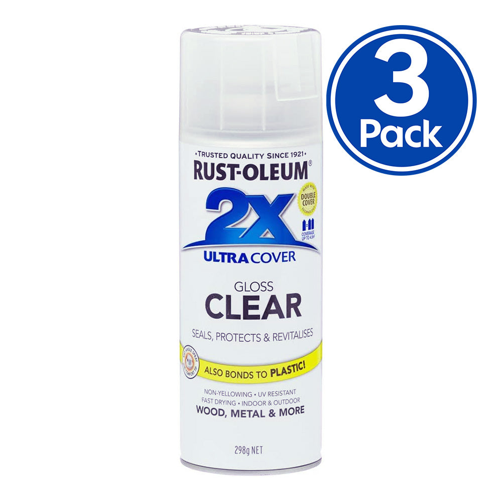 RUST-OLEUM 2X Ultra Cover Gloss Paint & Primer Spray Paint 298g Clear x 3 Pack