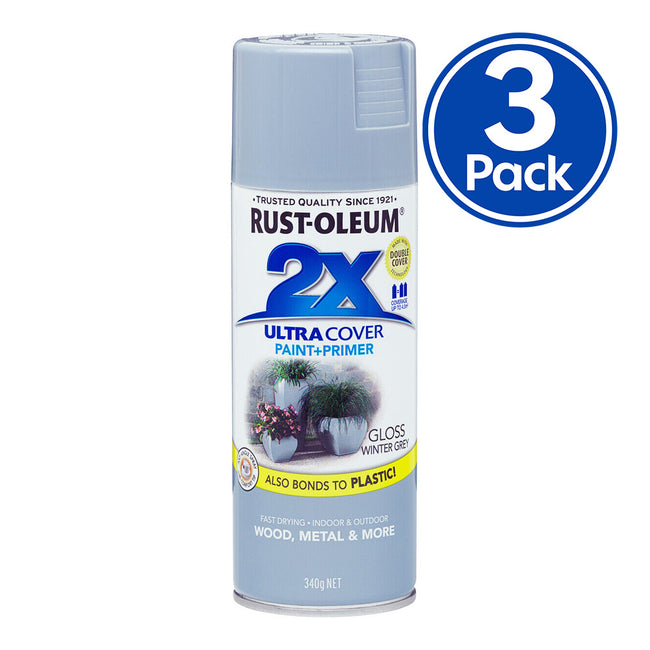 RUST-OLEUM 2X Gloss Paint & Primer Spray Paint 340g Winter Grey x 3 Pack