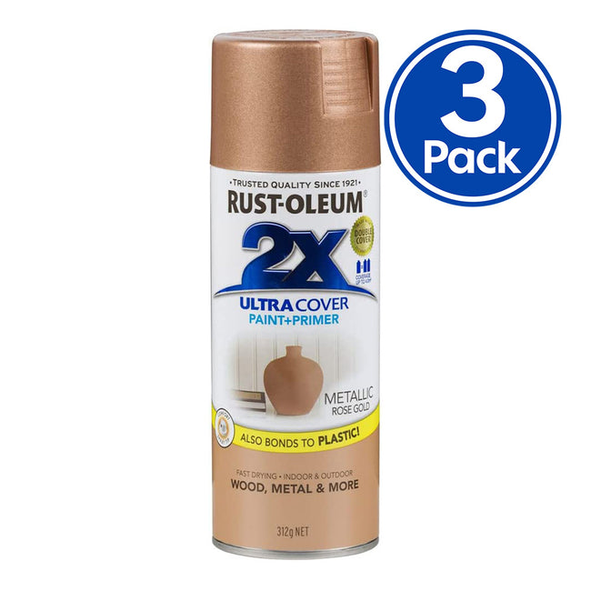 RUST-OLEUM 2X Gloss Paint & Primer Spray Paint 340g Metallic Rose Gold x 3 Pack