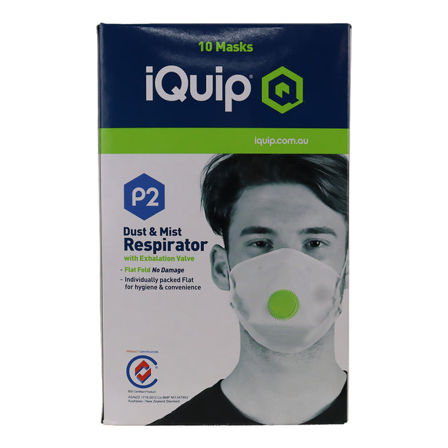 IQUIP Dust & Mist Mask P2 Flat Fold With Valve 10 Pack Respirator Safety