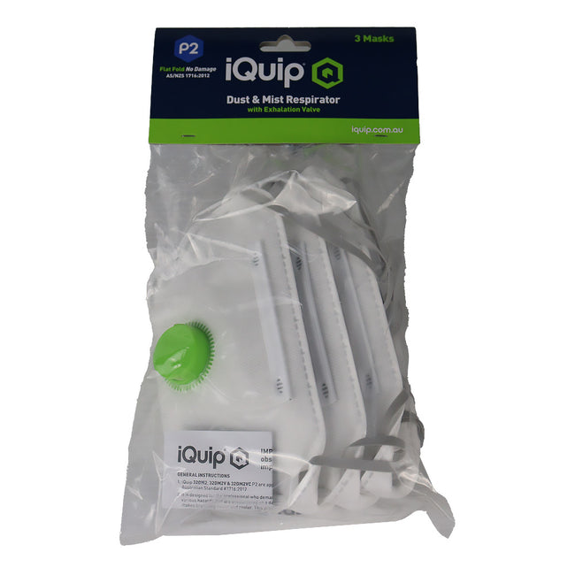 IQUIP Dust & Mist Mask P2 Flat Fold With Valve 3 Pack Respirator Safety