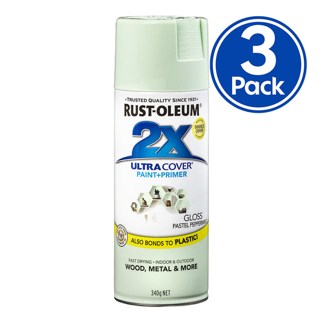 RUST-OLEUM 2X Gloss Paint & Primer Spray Paint 340g Pastel Peppermint x 3 Pack