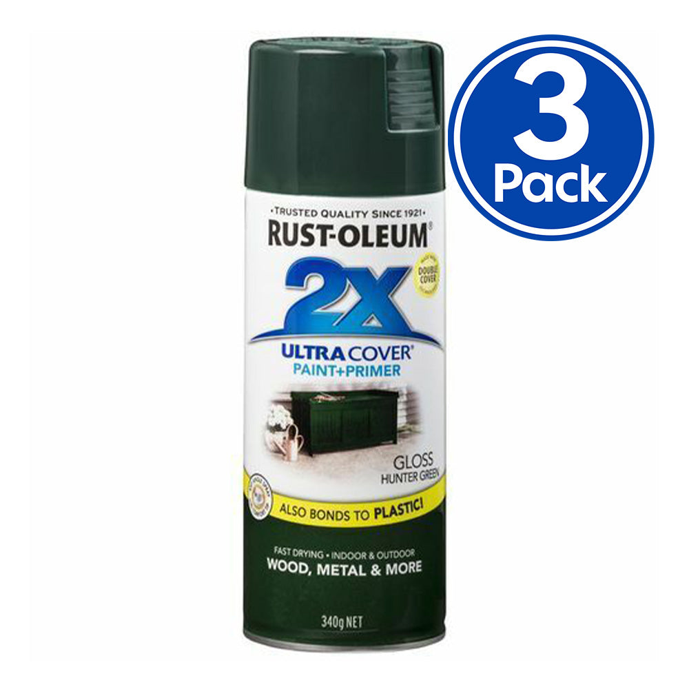 RUST-OLEUM 2X Gloss Paint & Primer Spray Paint 340g Hunter Green x 3 P ...