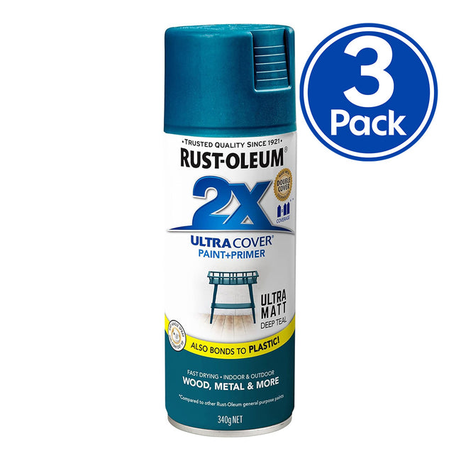 RUST-OLEUM 2X Ultra Cover Matt Paint & Primer Spray Paint 340g Deep Teal x 3 Pack