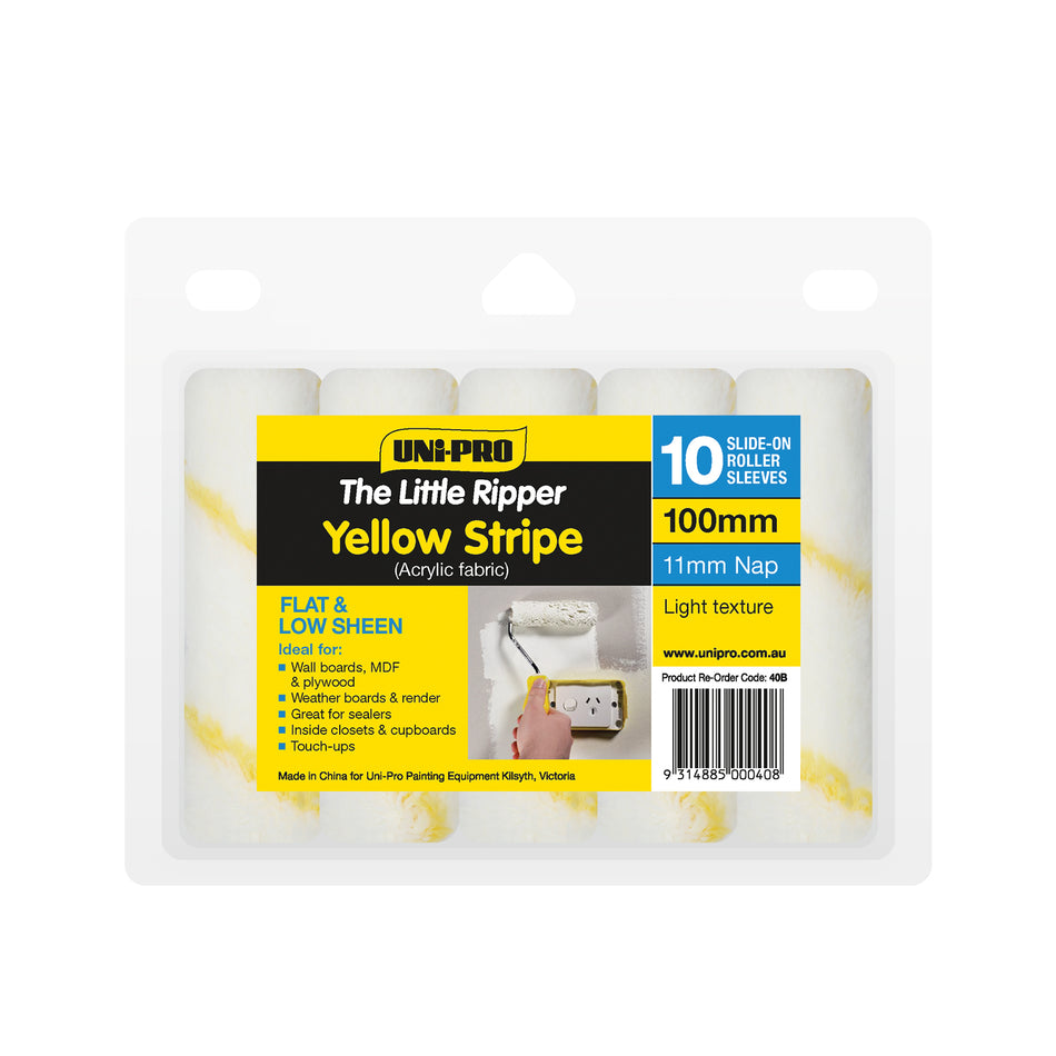 UNi-PRO Little Ripper Yellow Stripe Roller Covers 100mm 10 Pack 11mm Nap Paint Application