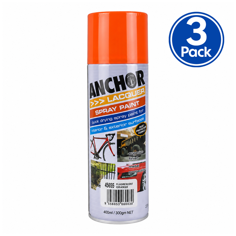 ANCHOR Fluorescent Orange Lacquer Aerosol Spray Paint 300g 3 Pack