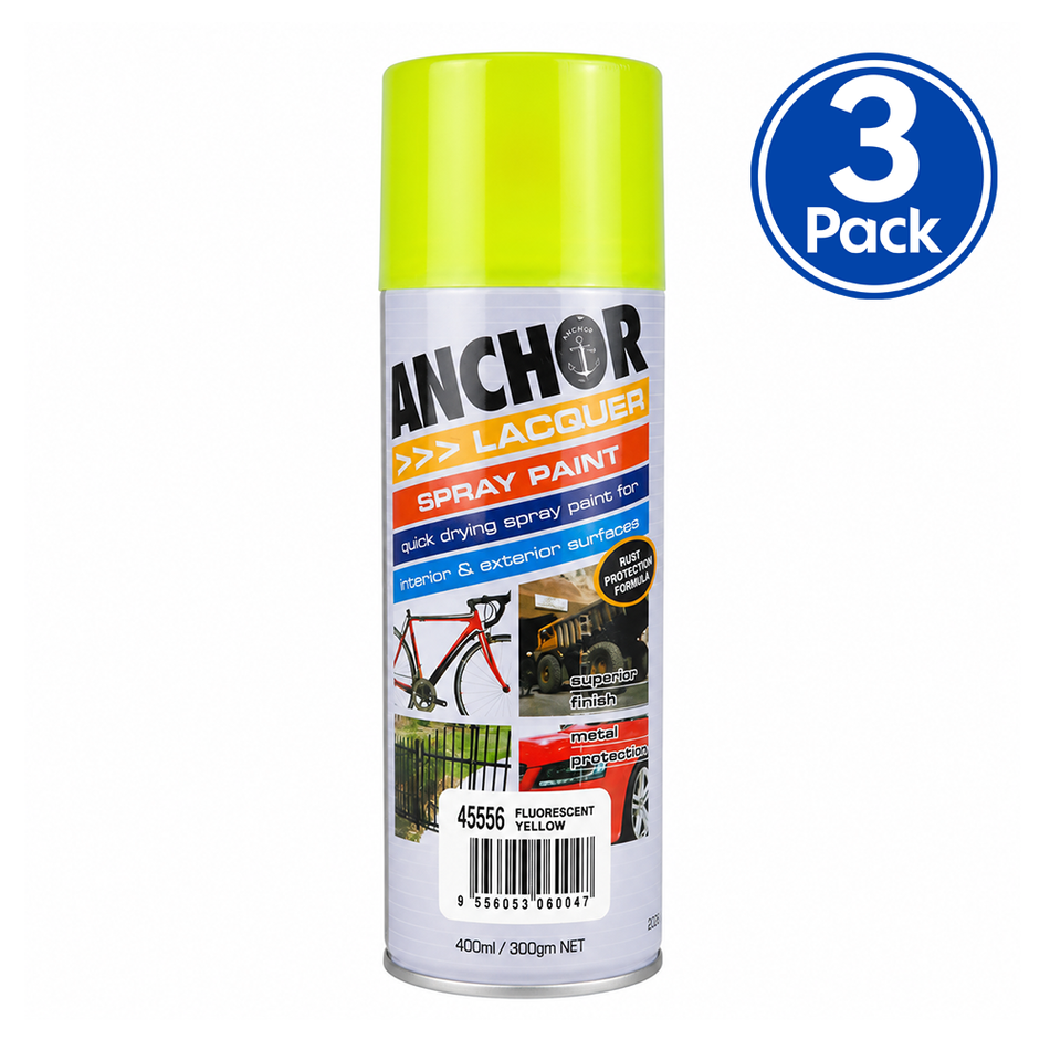 ANCHOR Fluorescent Yellow Lacquer Aerosol Spray Paint 300g 3 Pack