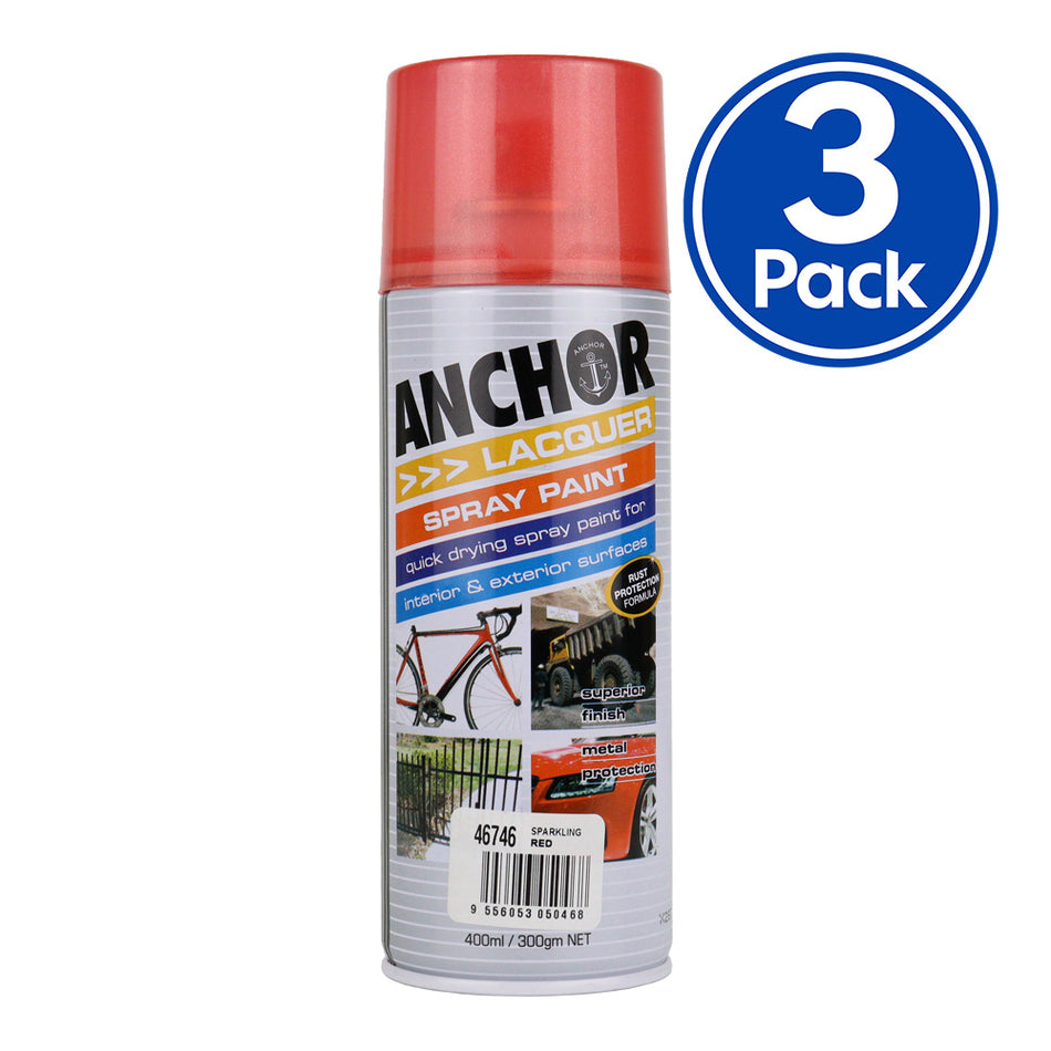 ANCHOR Lacquer Spray Paint Sparkling Red 300gm Aerosol Quick Drying x 3 Pack