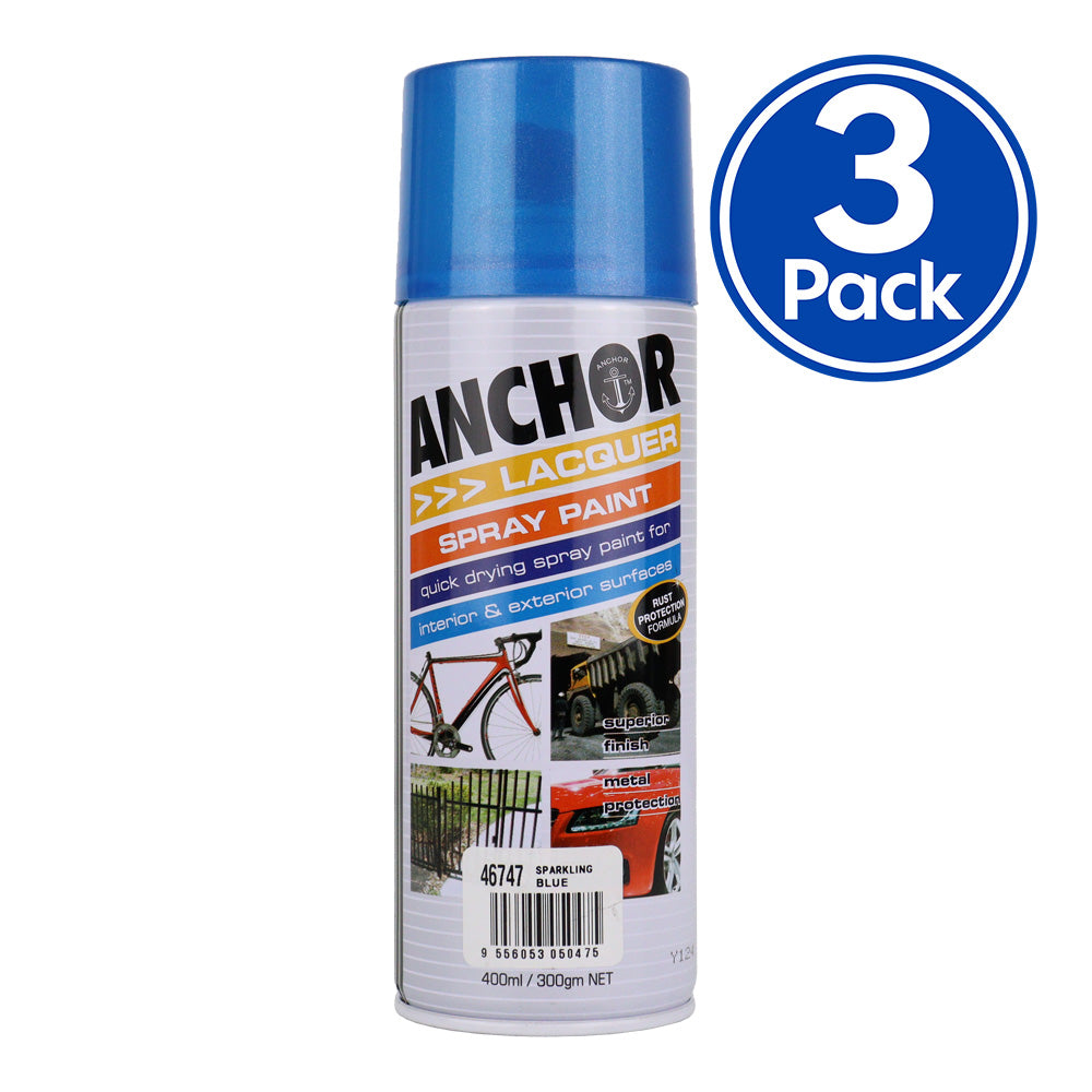 ANCHOR Lacquer Spray Paint Sparkling Blue 300g Aerosol Quick Drying x 3 Pack