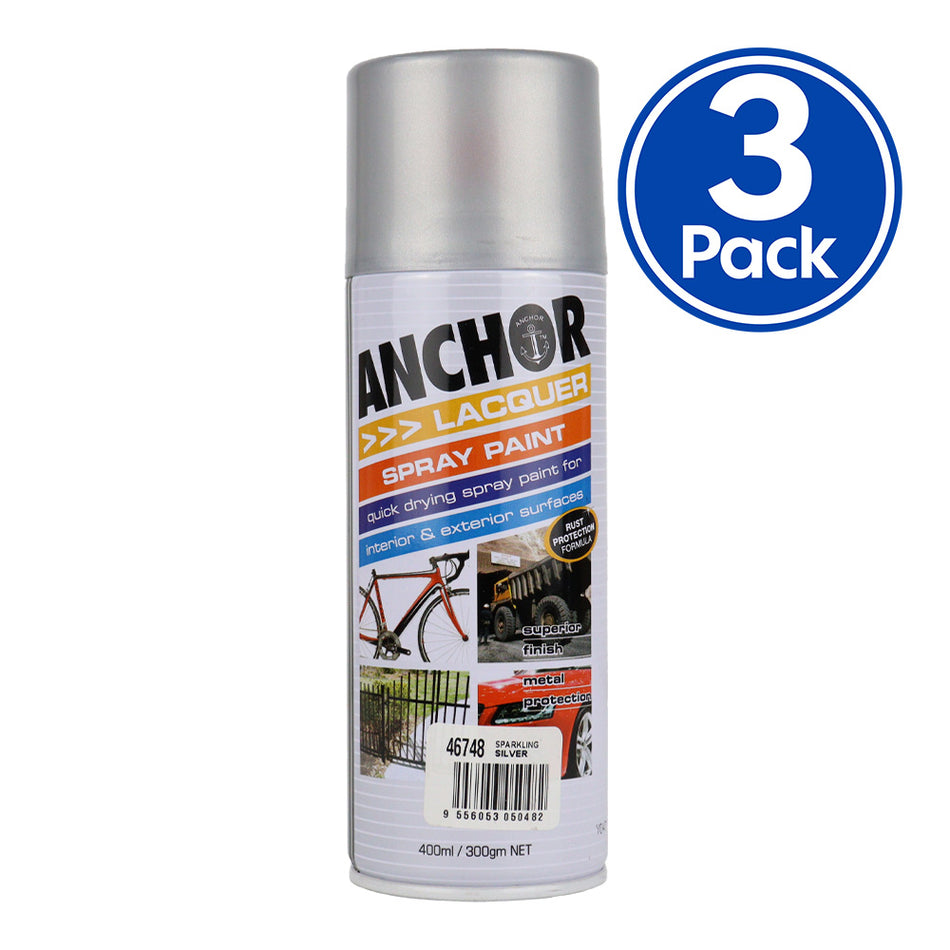 ANCHOR Lacquer Spray Paint Sparkling Silver 300gm Aerosol Quick Drying x 3 Pack
