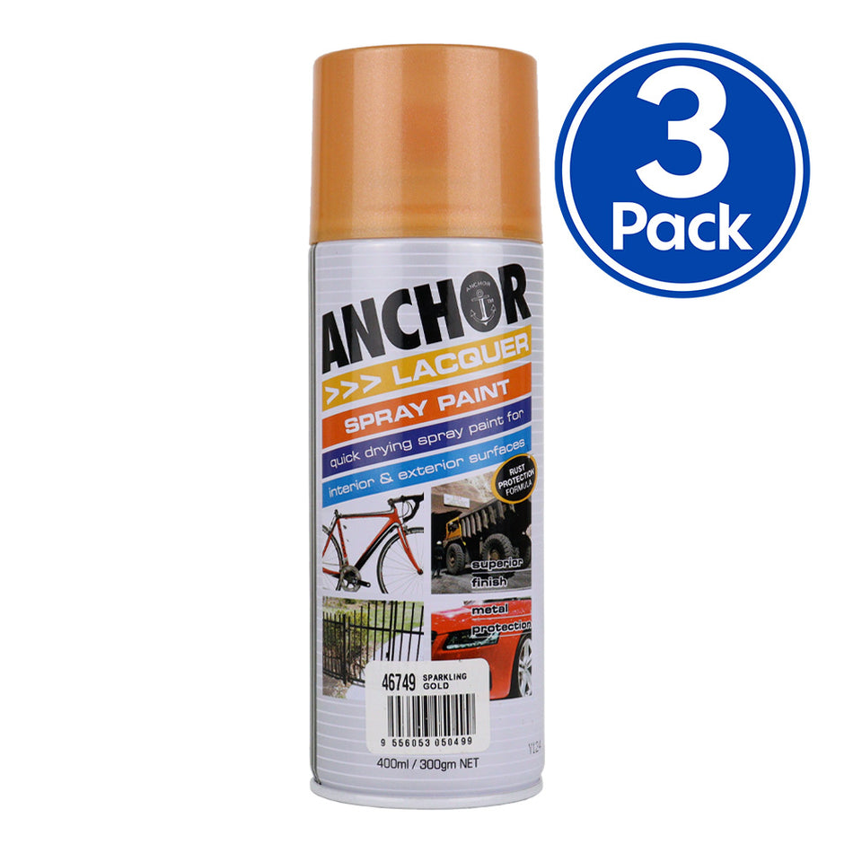 ANCHOR Lacquer Spray Paint Sparkling Gold 300gm Aerosol Quick Drying x 3 Pack