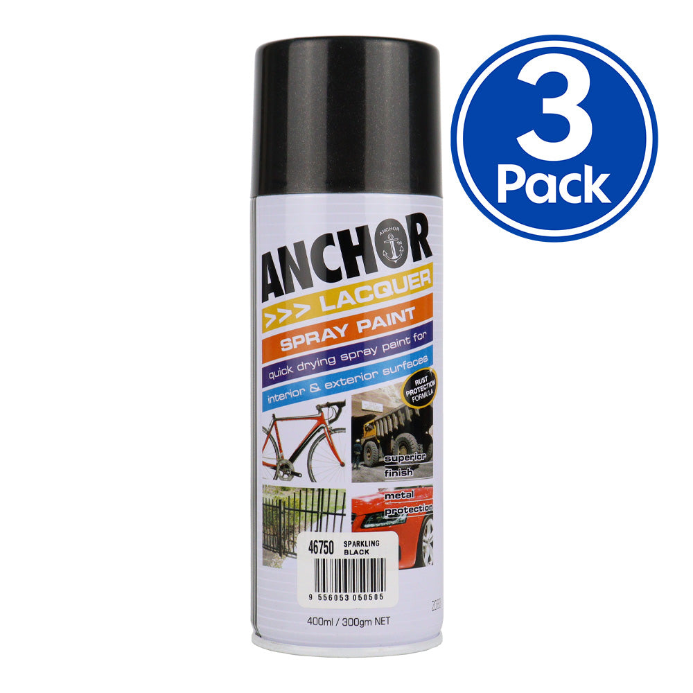 ANCHOR Lacquer Spray Paint Sparkling Black 300g Aerosol Quick Drying x 3 Pack