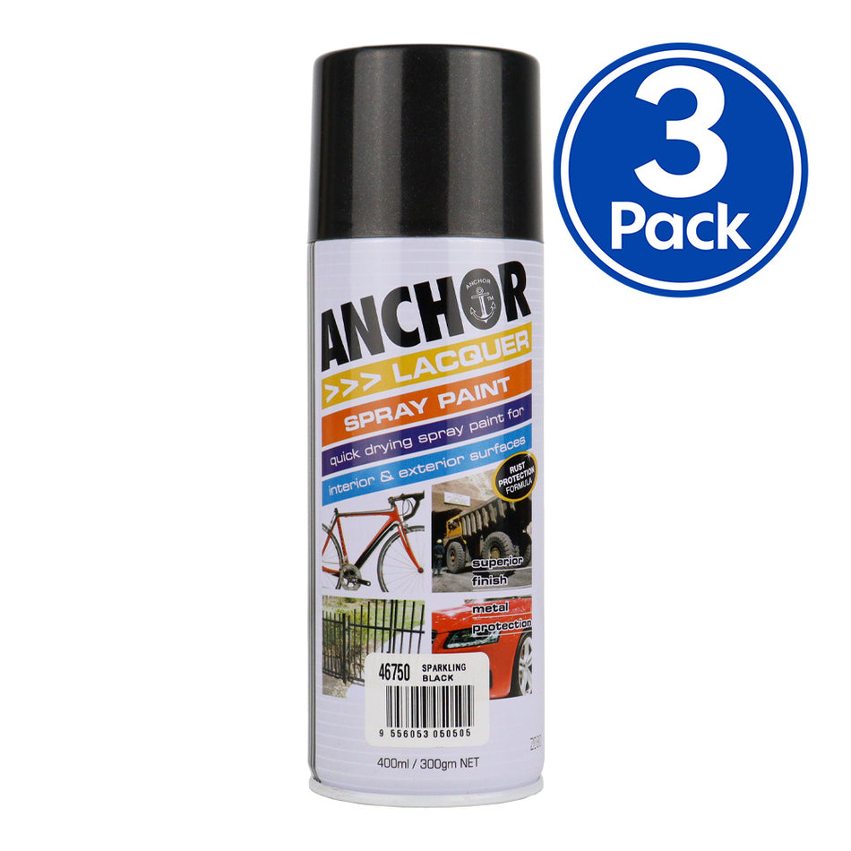 ANCHOR Lacquer Spray Paint Sparkling Black 300gm Aerosol Quick Drying x 3 Pack