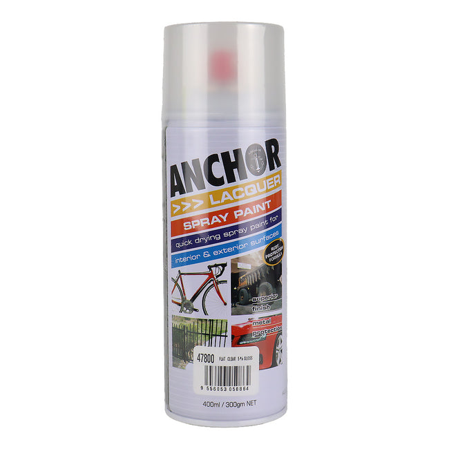 ANCHOR Lacquer Spray Paint Flat Clear 5% Gloss 300gm Aerosol Quick Drying