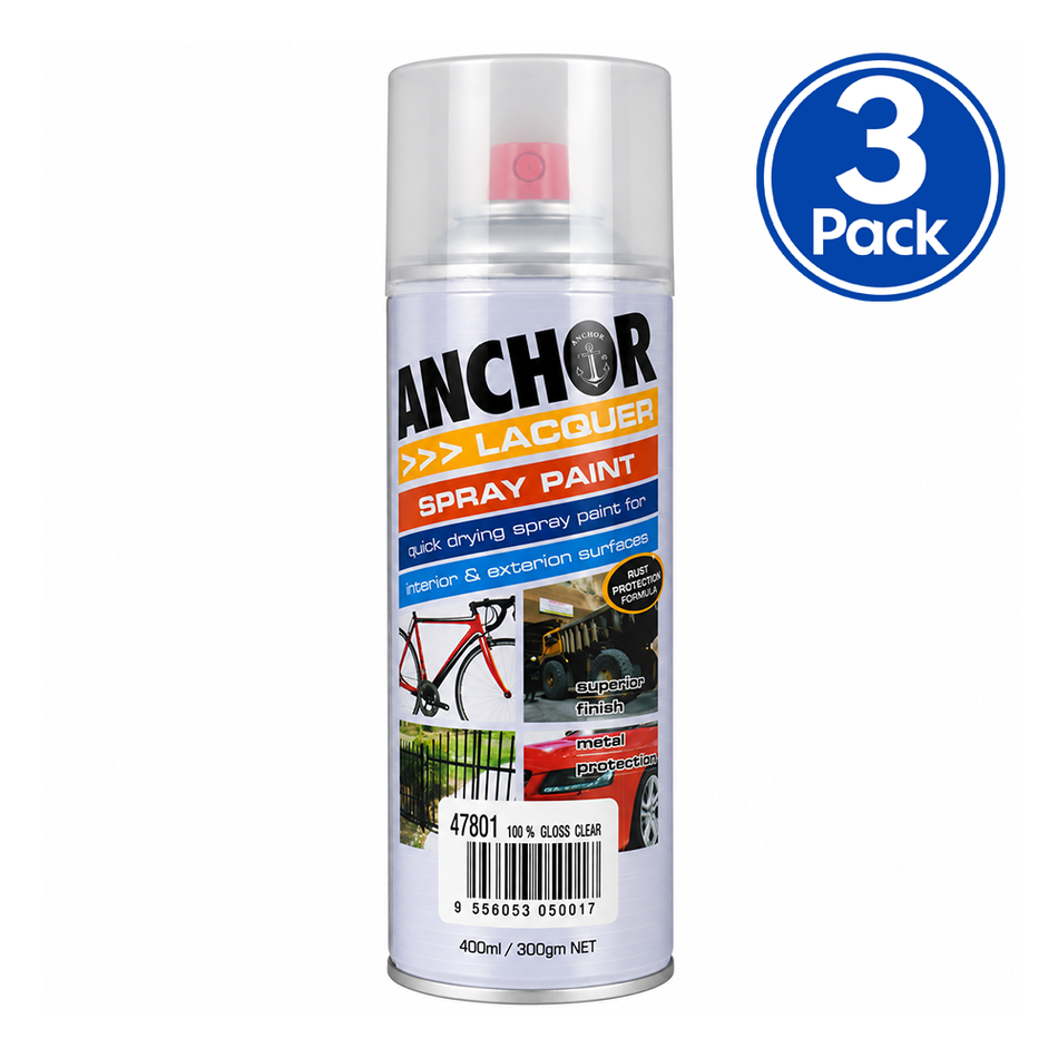 ANCHOR Gloss Clear Lacquer Aerosol Spray Paint 300g 3 Pack