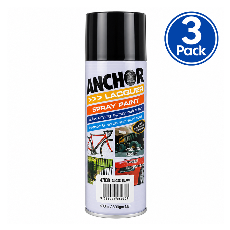 ANCHOR Gloss Black Lacquer Aerosol Spray Paint 300g 3 Pack