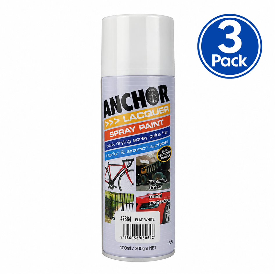 ANCHOR Flat White Lacquer Aerosol Spray Paint 300g 3 Pack