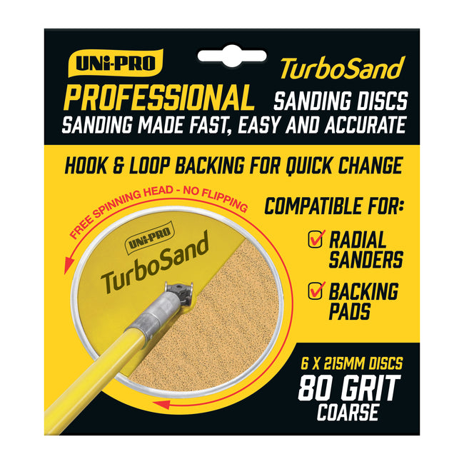 UNi-PRO TurboSand 215mm 80 Grit Sanding Disc x6 Hook And Loop Surface Prep