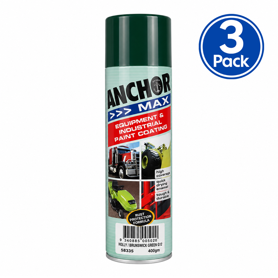 ANCHOR MAX Holly Brunswick Green G12 Industrial Enamel Aerosol Spray Paint 400g 3 Pack