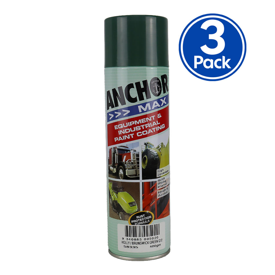 ANCHOR MAX Holly / Brunswick Green G12 400gm Industrial Spray Paint High Coverage x3