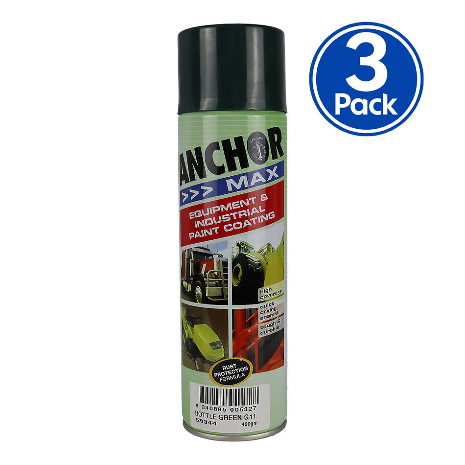 ANCHOR MAX Bottle Green G11 400gm Industrial Spray Paint High Coverage x3