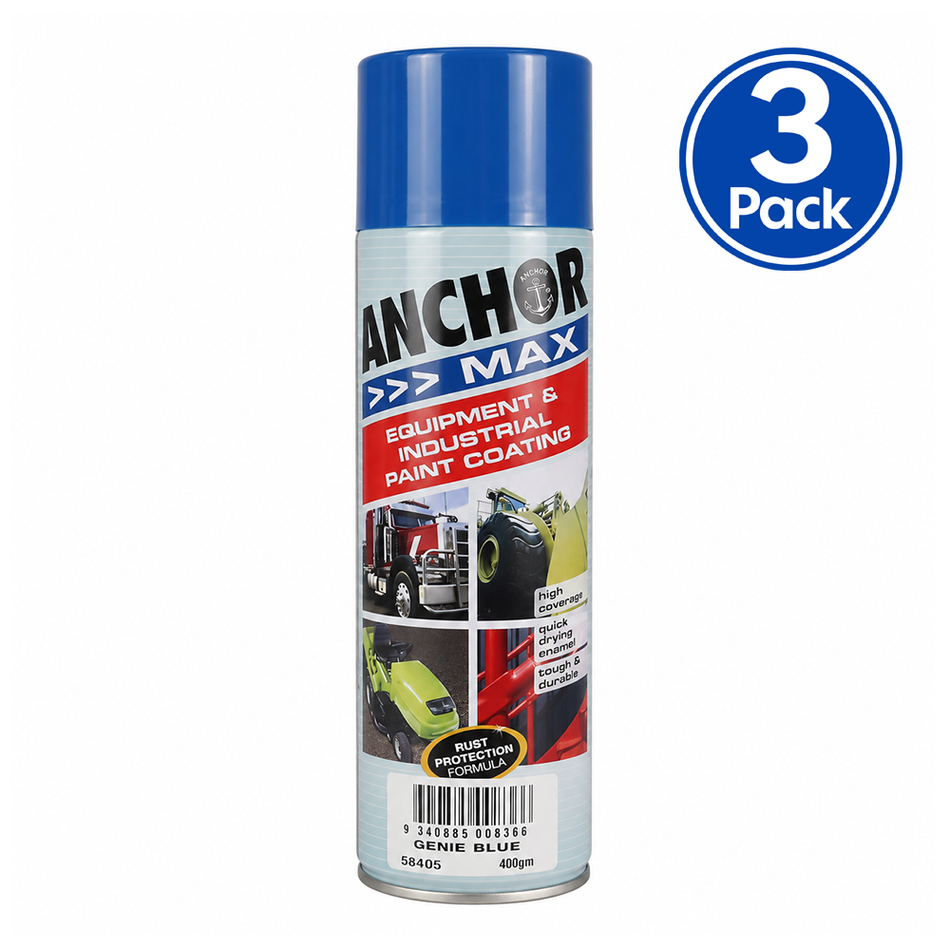 ANCHOR MAX Genie Blue Industrial Enamel Aerosol Spray Paint 400g 3 Pack
