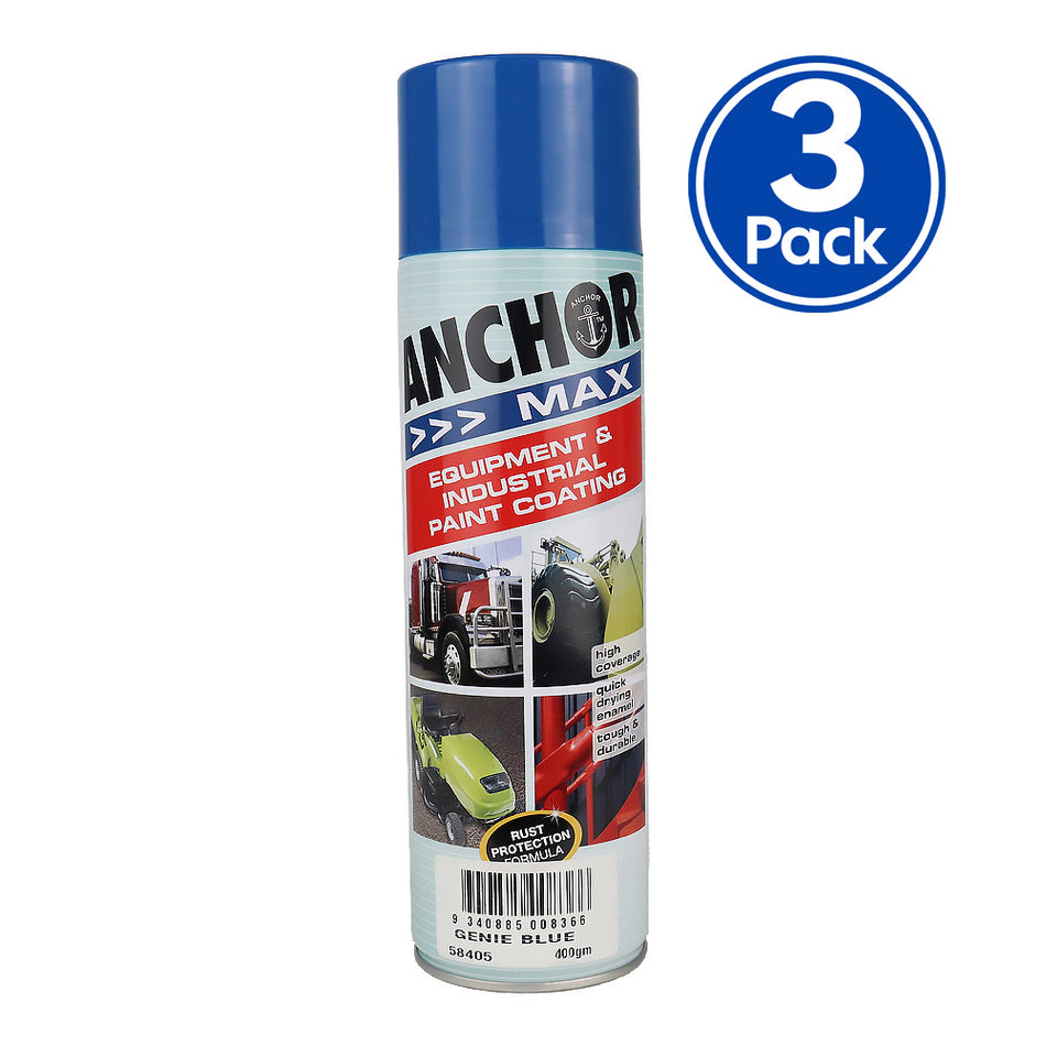 ANCHOR MAX Genie Blue 400gm Industrial Spray Paint High Coverage x3
